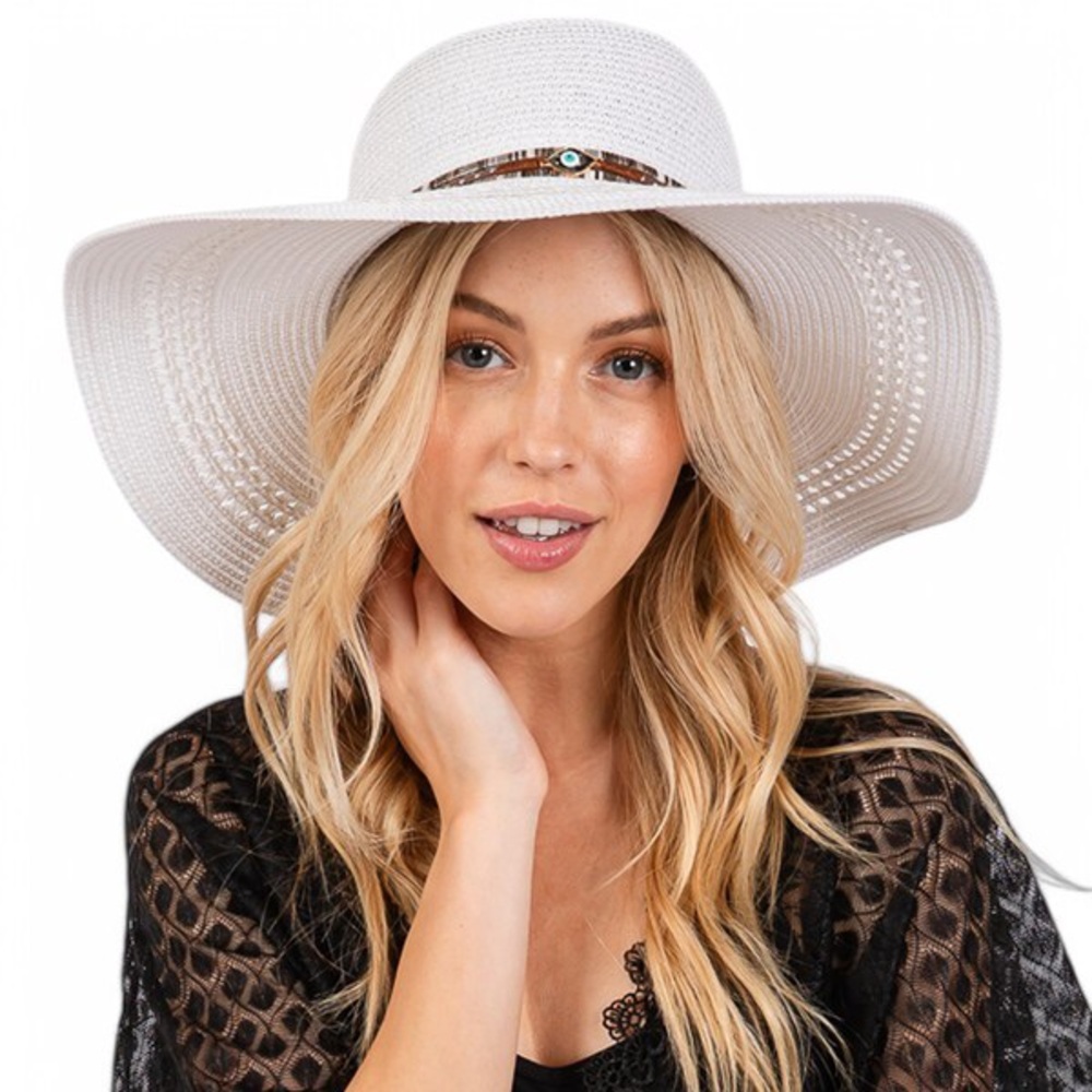 White Wide Brim Frayed Straw Floppy Hat